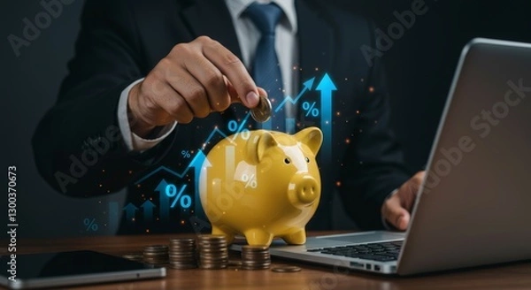 Fototapeta Wealth generation concept shown with a businessman saving money in a piggy bank