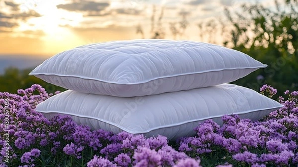 Obraz Pillows stack on flowers at sunset