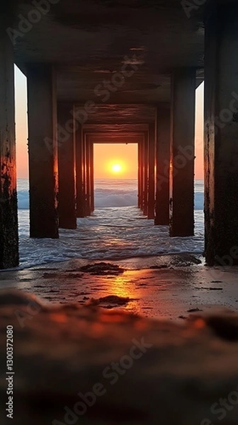 Obraz Sunset Pier Waves flow under pilings on the shore
