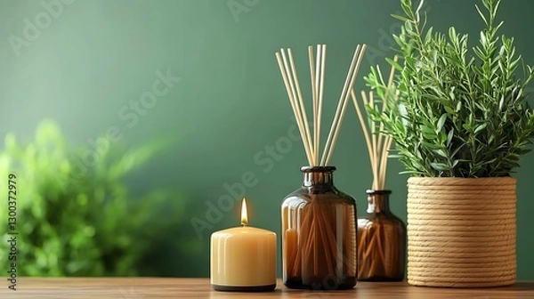 Obraz Room with reed diffuser, candle, plant on wood table