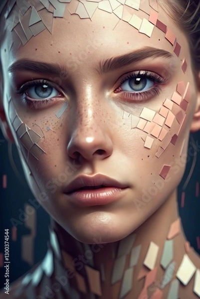 Fototapeta Portrait with digital mosaic effect on the skin, merging technology and art seamlessly.