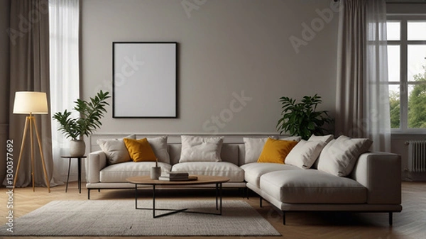 Fototapeta Corner view on bright living room interior with empty poster