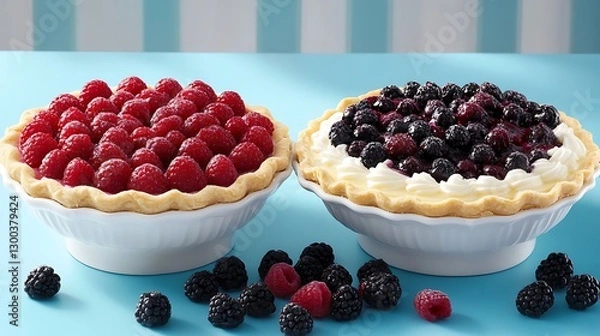 Obraz Pies with berries. Pastry on blue striped ground