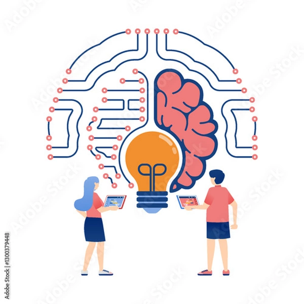 Fototapeta Artificial Intelligence Illustration of People in Network Searching for Ideas and Knowledge with Brain and Light Symbols