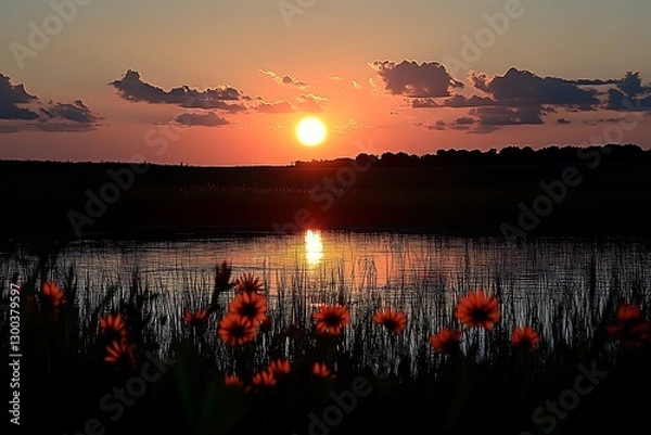 Obraz Sunset reflecting on water, flowers in foreground