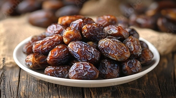 Obraz Dates stacked on plate, wooden table, burlap
