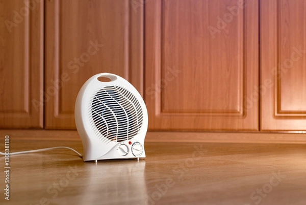 Fototapeta Modern electric fan heater on the floor in the room, space for text. Portable heater. Autumn concept and technology, air heater in the house.	