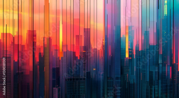 Fototapeta Abstrakcyjna panorama miasta o zachodzie słońca – futurystyczna wizja metropolii z pionowymi liniami i neonowymi barwami