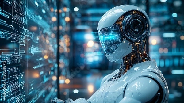 Fototapeta Futuristic Robot with Glowing Eyes Analyzing Data in High-Tech Environment with Digital Displays