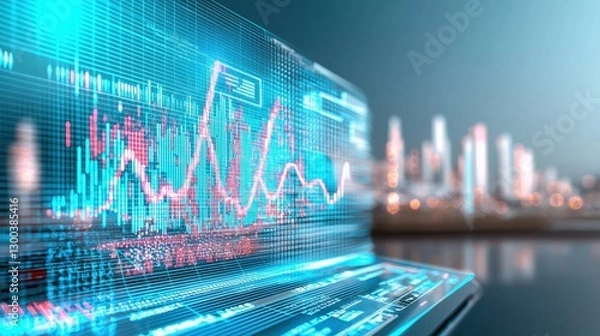 Fototapeta Business and Future Trends - A futuristic city skyline with holographic business graphs and AI-driven analytics, symbolizing innovation and economic growth.