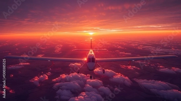 Fototapeta A small aircraft soaring above the clouds during a vibrant sunset, showcasing stunning colors