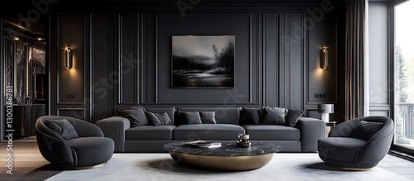 Fototapeta Modern Art Deco Living Room with Charcoal Gray Sofa and Matte Black Paneling.