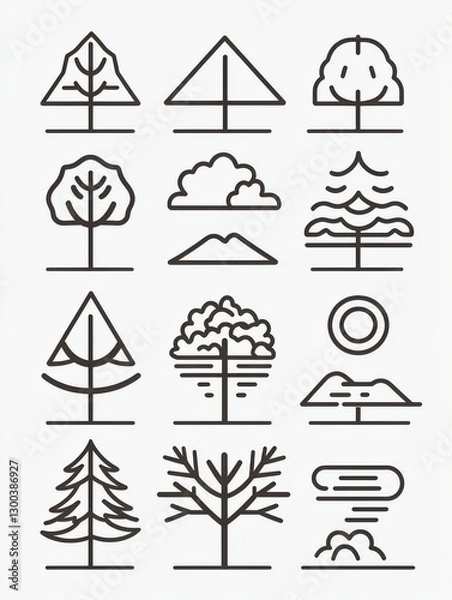 Fototapeta Simple, line-drawn nature icons featuring trees, rivers, and clouds, perfect for eco-friendly designs