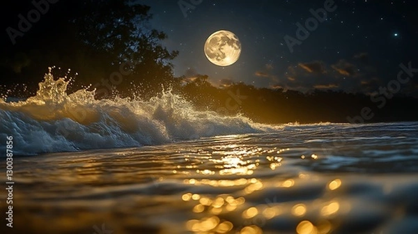 Obraz Night Waves Crash Under Moonlit Sky