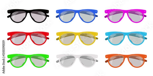 Fototapeta Sunglasses collection. Set of eye glasses in various color frames. Fashionable accessory. Spectacles. Sunlight protection accessory. Flat vector illustrations set isolated on transparent background.