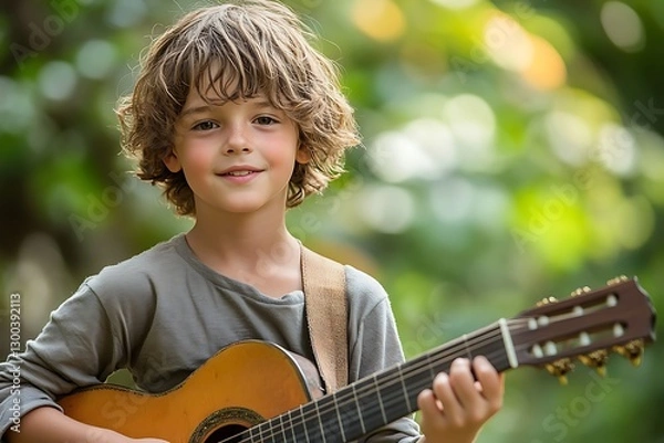 Obraz Boy plays guitar in backyard with leafy backdrop