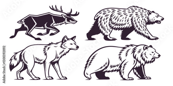 Fototapeta Alaskan Animals Vector Set – Moose, Lynx, Grizzly Bear, Wolf, Bison & More