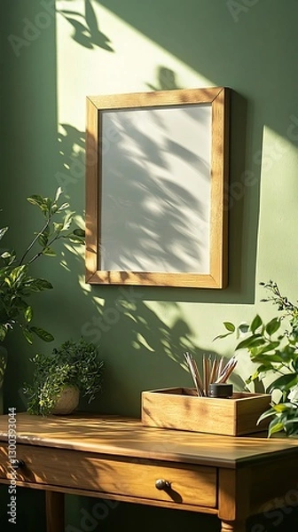Obraz Framed mock up, desk, green wall, plant shadows
