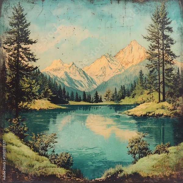 Obraz Serene Mountain Lake Landscape: Majestic mountain range meets tranquil lake, framed by lush green trees, inviting serenity and natural beauty.