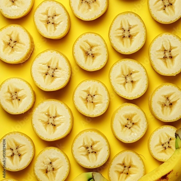 Fototapeta Fresh Bananas Sliced in Circular Pieces on Bright Yellow Background for Healthy Lifestyle Concept