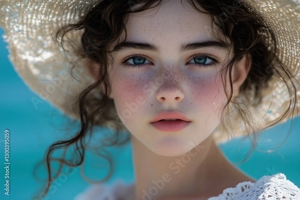 Obraz A captivating portrait of a young girl with freckles, wearing a straw hat. Her expressive eyes and delicate features create a mesmerizing image.