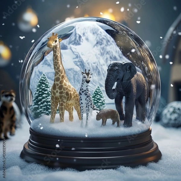Obraz Wildlife Wonder in a Globe: A whimsical winter wonderland unfolds inside a glass globe, showcasing an array of majestic wildlife amidst a snowy landscape, creating a captivating miniature world.