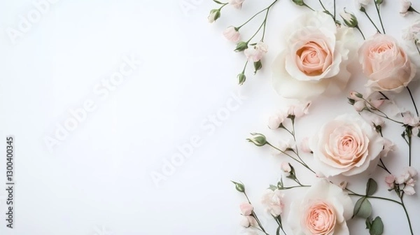 Fototapeta Beautiful roses and delicate floral arrangements on a white background