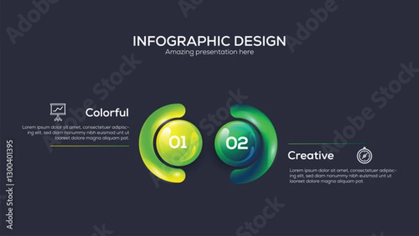 Fototapeta Business 2 option infographic presentation vector 3D colorful balls illustration. clean and modern infographic design featuring two circular elements with a 3D glassmorphism effect. black background