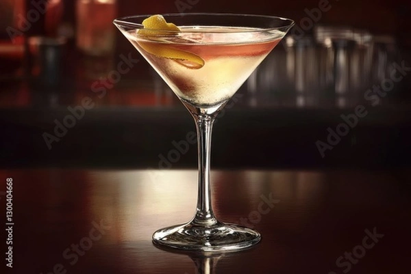 Fototapeta A classic martini cocktail with a lemon twist on a polished bar top, showcasing elegance and sophistication with a hint of retro charm, perfect for upscale venues.