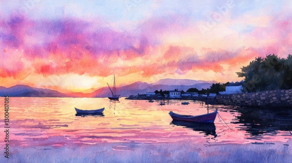 Fototapeta A breathtaking sunset paints the sky with vibrant hues as small boats rest on the calm water. A serene coastal village sits in the background, illuminated by the fading light
