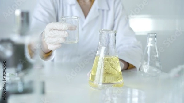 Fototapeta A scientist, wearing a lab coat and white protective gloves, is pouring a yellow oily liquid from one beaker to another in laboratory, close up. Medicine and science concept