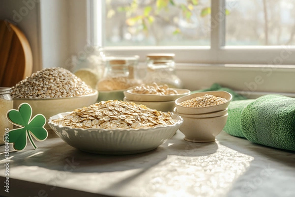 Fototapeta A bright and cozy kitchen scene with bowls of seeds and grains, a St. Patrick's Day clover decoration, and green towels near a sunny window.
