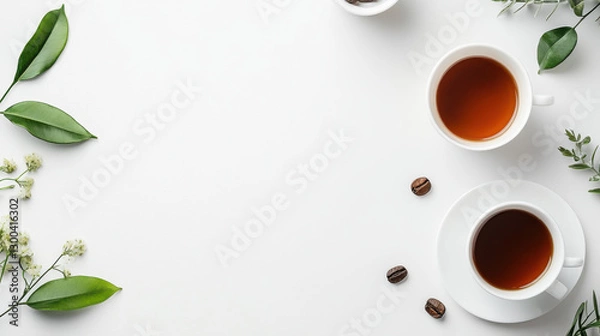 Fototapeta Freshly brewed tea and coffee with green leaves and flowers