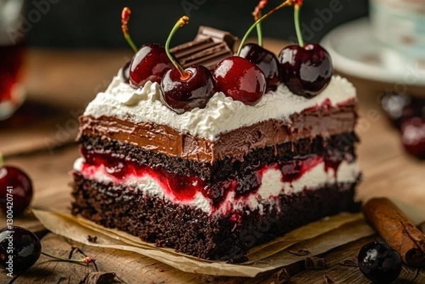 Fototapeta A decadent Black Forest cake with fresh cherries, chocolate layers, and whipped cream, sitting on rustic wood surface, perfect for any special occasion.