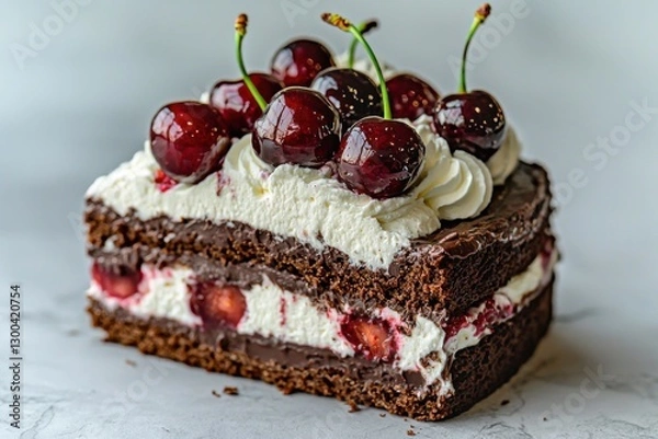 Fototapeta A delicious slice of black forest cake topped with fresh cherries and whipped cream on a marble surface, perfect for celebrating any special occasion.