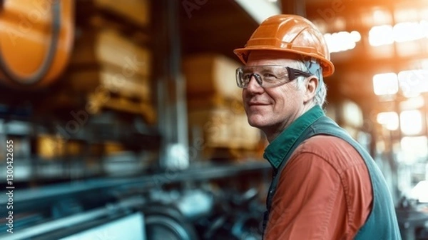 Obraz An experienced industrial worker with white hair wearing a hard hat and glasses, representing wisdom and professionalism in a busy work environment.