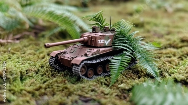 Obraz A miniature model of a tank displayed within a verdant forest setting, blending military and peaceful nature elements in a small-scale, detailed diorama display.