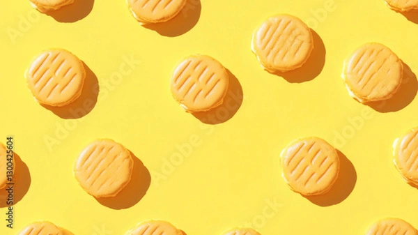 Obraz Yellow macarons on a bright yellow background, creating a playful pattern