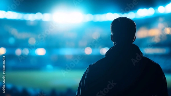 Fototapeta Silhouette of a person watching a sports game with a blurry background of lights