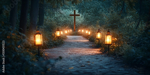Fototapeta A serene pathway in the woods, illuminated by glowing lanterns, leading to a cross in the distance, evoking a sense of peace and spiritual reflection.