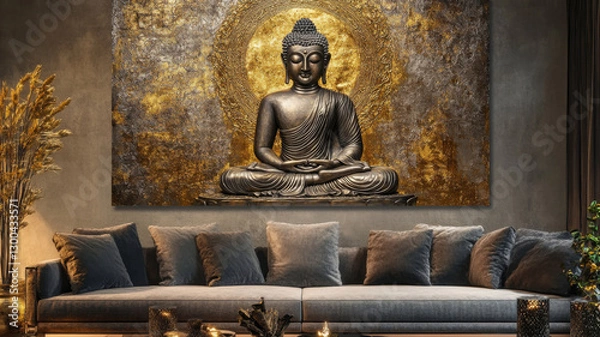 Obraz Buddha wall art above a cozy sofa with soft pillows and a peaceful interior setting