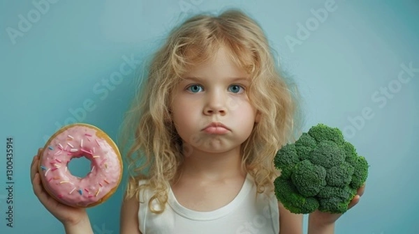 Fototapeta Little Girl Struggles to Choose Between a Colorful Donut and Fresh Broccoli in a Bright Blue Setting