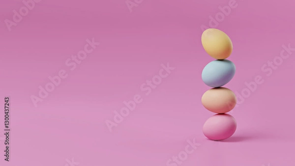 Obraz Colorful stacked eggs on pink background, 3D rendered illustration