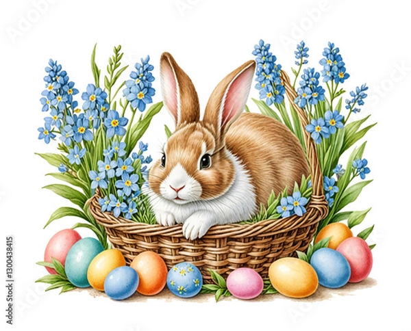 Obraz Watercolor Easter bunnies, flowers, and Easter eggs, easter background