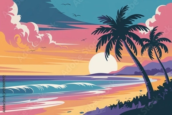Fototapeta Stylized Beach Sunset with Palm Trees and Ocean Waves.