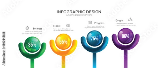 Fototapeta Business 4 option infographic presentation vector 3D colorful balls illustration. four circular elements with a 3D glassmorphism or neomorphism effect, Horizontal Process Visualization