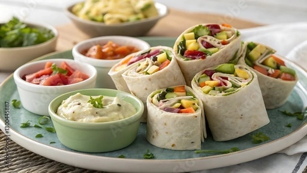 Fototapeta Savory Rolled Wraps with Flavorful Fillings and Vibrant Dips