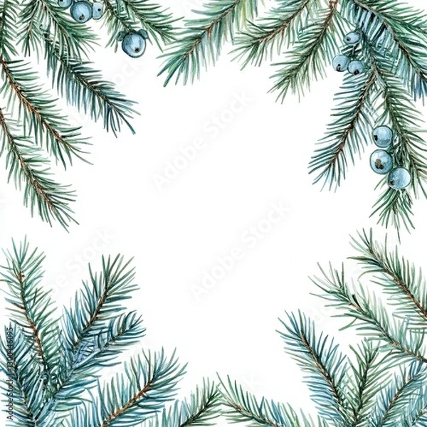 Fototapeta Christmas Watercolor Frame with Fir Branches Winter Holiday Design Element