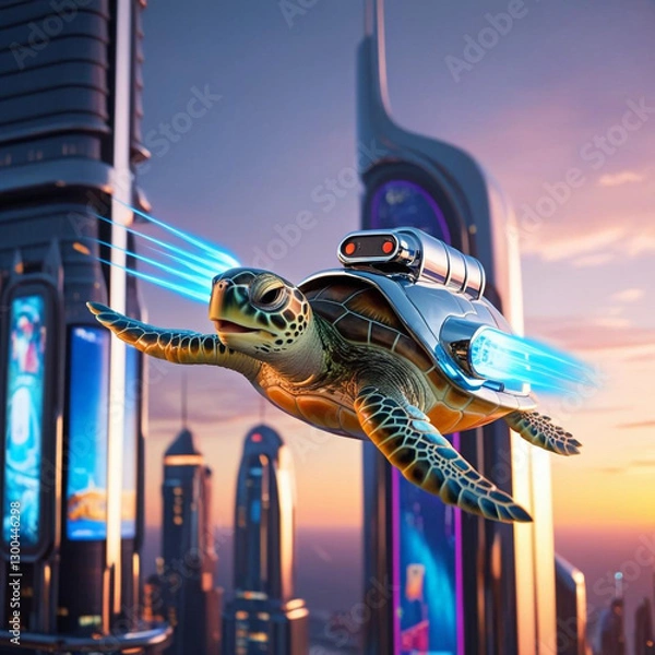 Fototapeta A turtle wearing a jetpack flying through a futuristic city