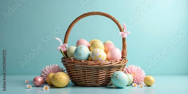 Fototapeta Cheerful Easter Basket with Brightly Colored Eggs – A Beautiful and Eye-Catching Visual for Holiday-Themed Branding and Easter Campaigns